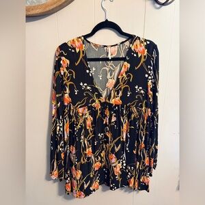 Free People Black Floral Long Sleeve baby doll Blouse bell sleeve this is a rare